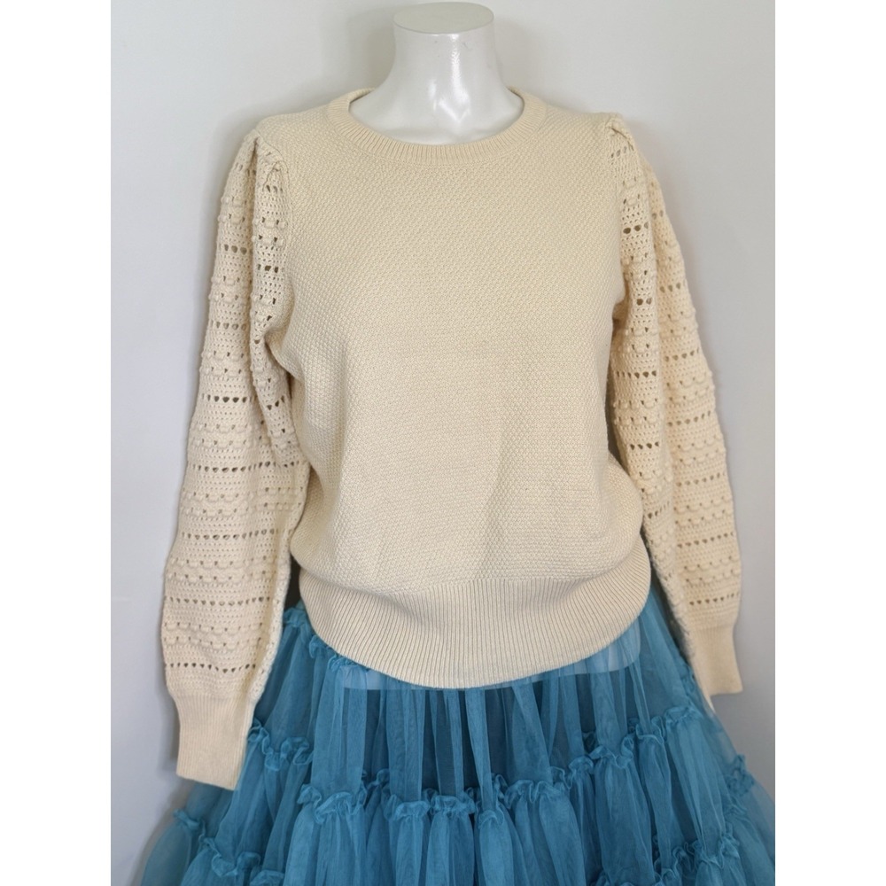 Madewell Ivory Bobble Sleeves Pullover Merino Wool Cotton Blend Sweater Sz Small